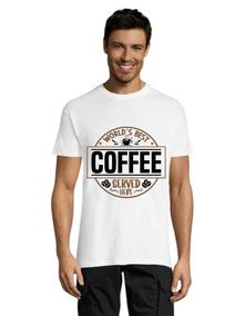 A világ legjobb kávéját itt szolgálják fel, fehér L férfi póló